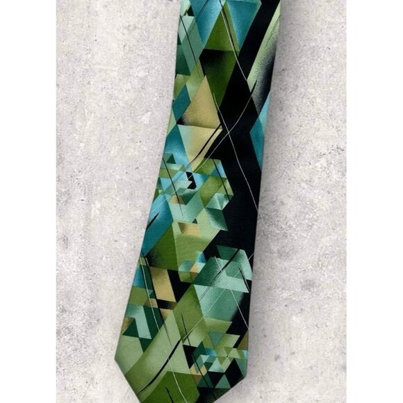J. GARCIA Silk Tie Black Green Geometric Art W:3.2" EUC - Picture 5 of 5